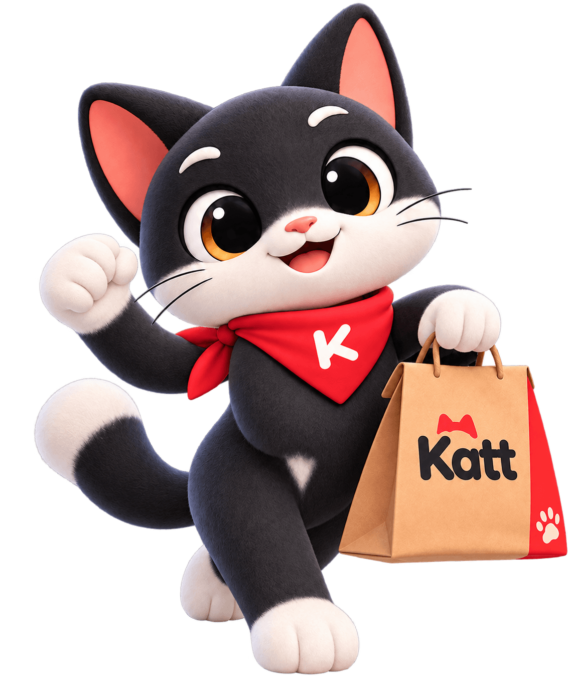 Katt, mascote da plataforma, com os dois braços visíveis e uma sacola de delivery